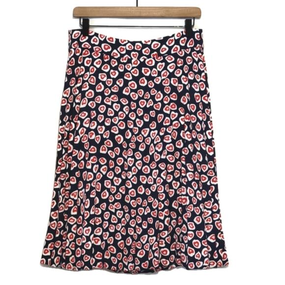 J. Crew Heart Print Pleated Midi Skirt Blue Red Crepe A Line Classic Preppy 8 - Picture 1 of 16
